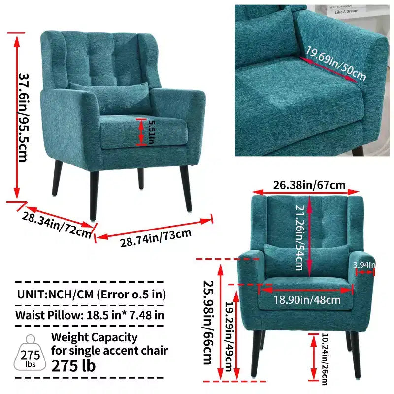 Chenille Accent Chair, Modern Lounge Armchair with Throw Pillow, Ergonomic Back, Tapered Wood Legs, Reading Chair for Living Room, Bedroom