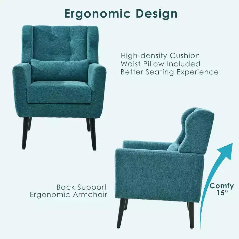 Chenille Accent Chair, Modern Lounge Armchair with Throw Pillow, Ergonomic Back, Tapered Wood Legs, Reading Chair for Living Room, Bedroom