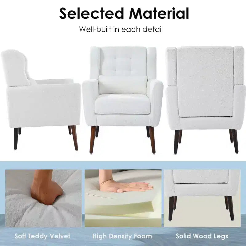 Chenille Accent Chair, Modern Lounge Armchair with Throw Pillow, Ergonomic Back, Tapered Wood Legs, Reading Chair for Living Room, Bedroom