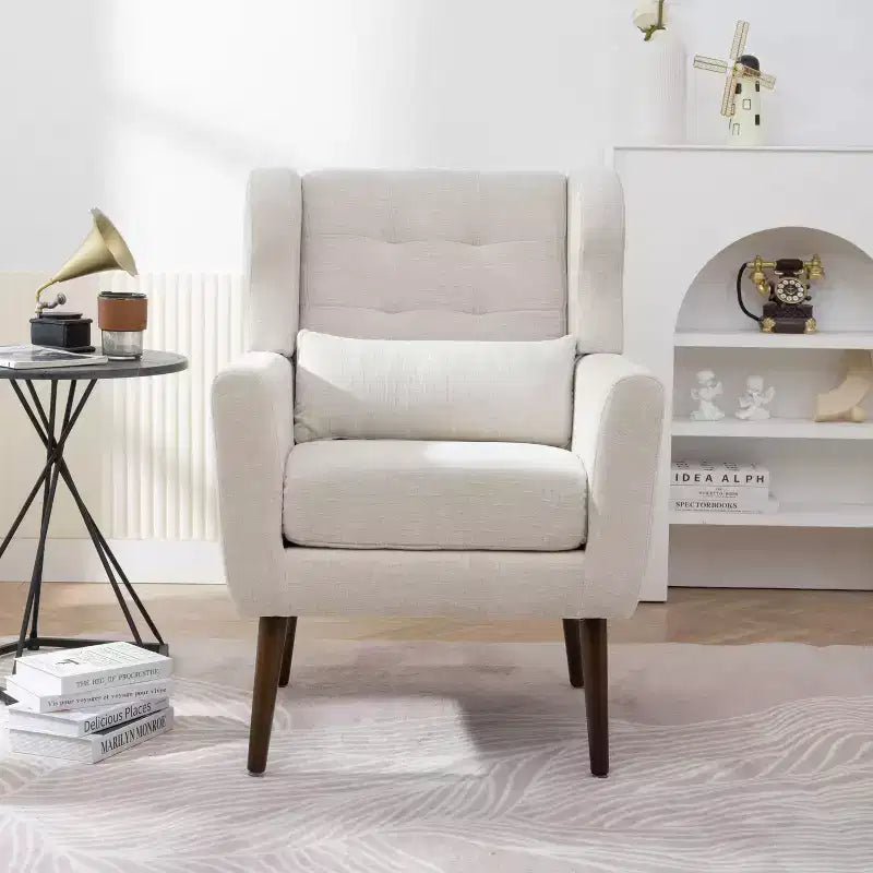 Chenille Accent Chair, Modern Lounge Armchair with Throw Pillow, Ergonomic Back, Tapered Wood Legs, Reading Chair for Living Room, Bedroom