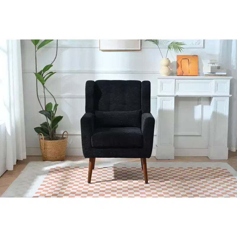 Chenille Accent Chair, Modern Lounge Armchair with Throw Pillow, Ergonomic Back, Tapered Wood Legs, Reading Chair for Living Room, Bedroom