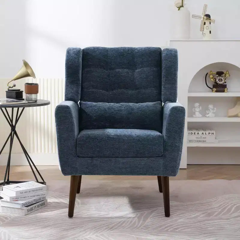 Chenille Accent Chair, Modern Lounge Armchair with Throw Pillow, Ergonomic Back, Tapered Wood Legs, Reading Chair for Living Room, Bedroom