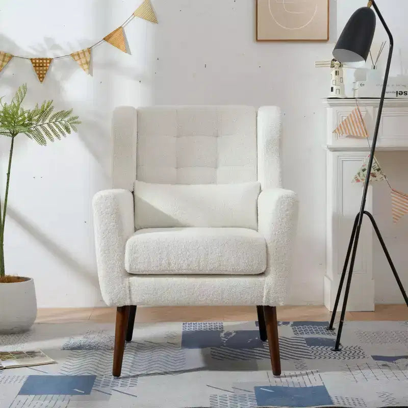 Chenille Accent Chair, Modern Lounge Armchair with Throw Pillow, Ergonomic Back, Tapered Wood Legs, Reading Chair for Living Room, Bedroom
