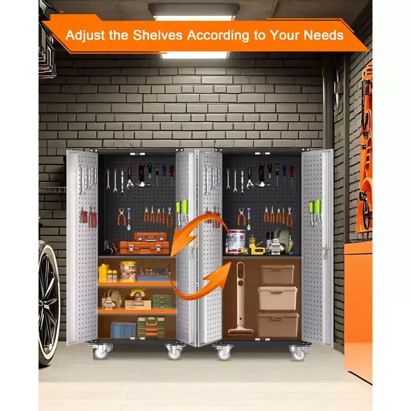 72 H Metal Storage Cabinet with Wheels, Garage Storage Cabinet with Adjustable Shelves and 2 Doors for Garage Home Office Utility Room