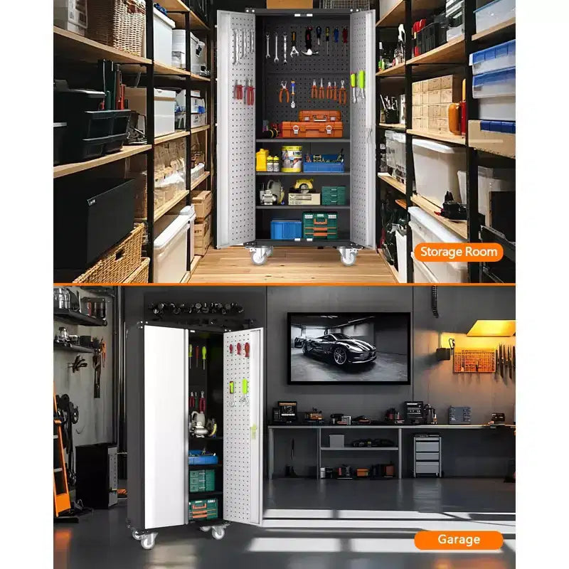72 H Metal Storage Cabinet with Wheels, Garage Storage Cabinet with Adjustable Shelves and 2 Doors for Garage Home Office Utility Room