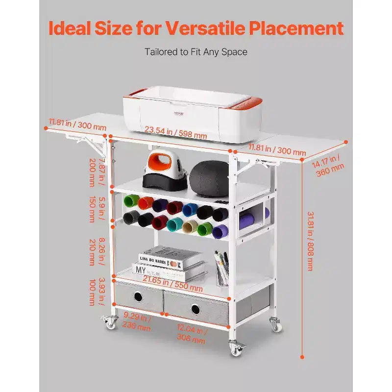 Rolling Craft Cart & Storage Table, Cricut Compatible, Foldable Sides, 14 Vinyl Roll Holders & 2 Drawers