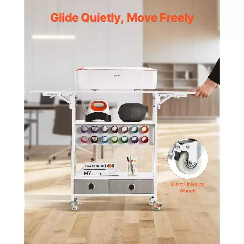 Rolling Craft Cart & Storage Table, Cricut Compatible, Foldable Sides, 14 Vinyl Roll Holders & 2 Drawers