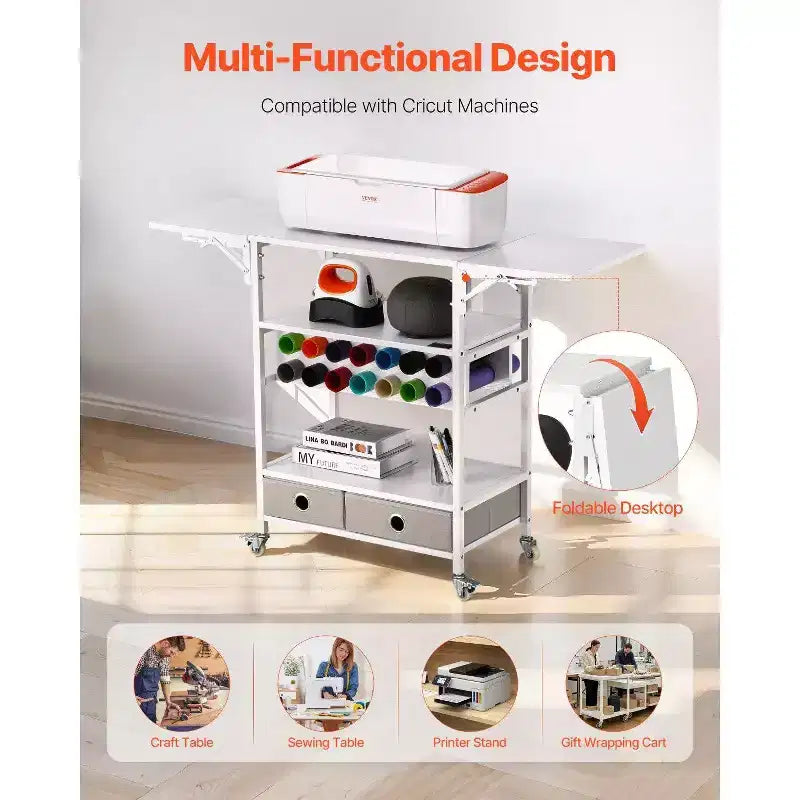 Rolling Craft Cart & Storage Table, Cricut Compatible, Foldable Sides, 14 Vinyl Roll Holders & 2 Drawers