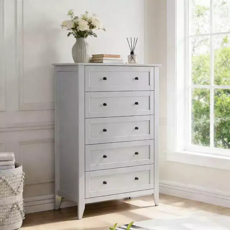 5 Drawers Dresser Wood Chest of Drawers, Storage Dressers Organizer with Gold Handles, Deep Drawers, Living Room, Closet, Hallway, Grey