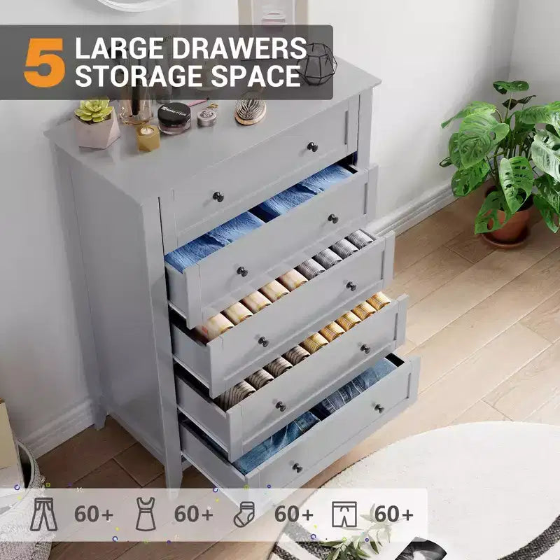5 Drawers Dresser Wood Chest of Drawers, Storage Dressers Organizer with Gold Handles, Deep Drawers, Living Room, Closet, Hallway, Grey