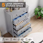 5 Drawers Dresser Wood Chest of Drawers, Storage Dressers Organizer with Gold Handles, Deep Drawers, Living Room, Closet, Hallway, Grey