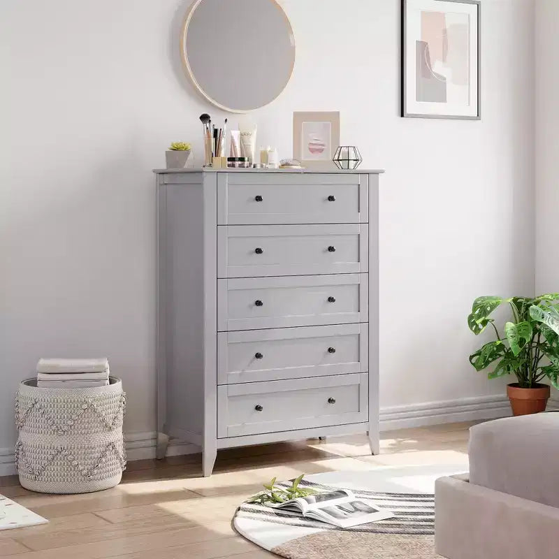5 Drawers Dresser Wood Chest of Drawers, Storage Dressers Organizer with Gold Handles, Deep Drawers, Living Room, Closet, Hallway, Grey