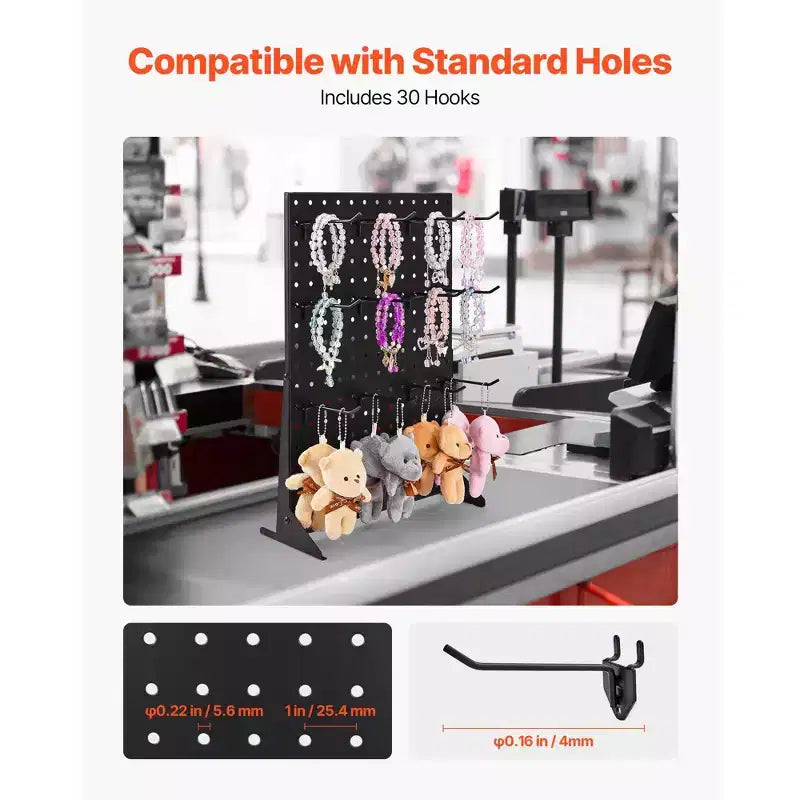 Pegboard Display Stand, 17 x 13 Inch Tabletop Pegboard Display Stand with 30 Hooks, Thickened Cold-Rolled Steel Peg Board Panel, Black