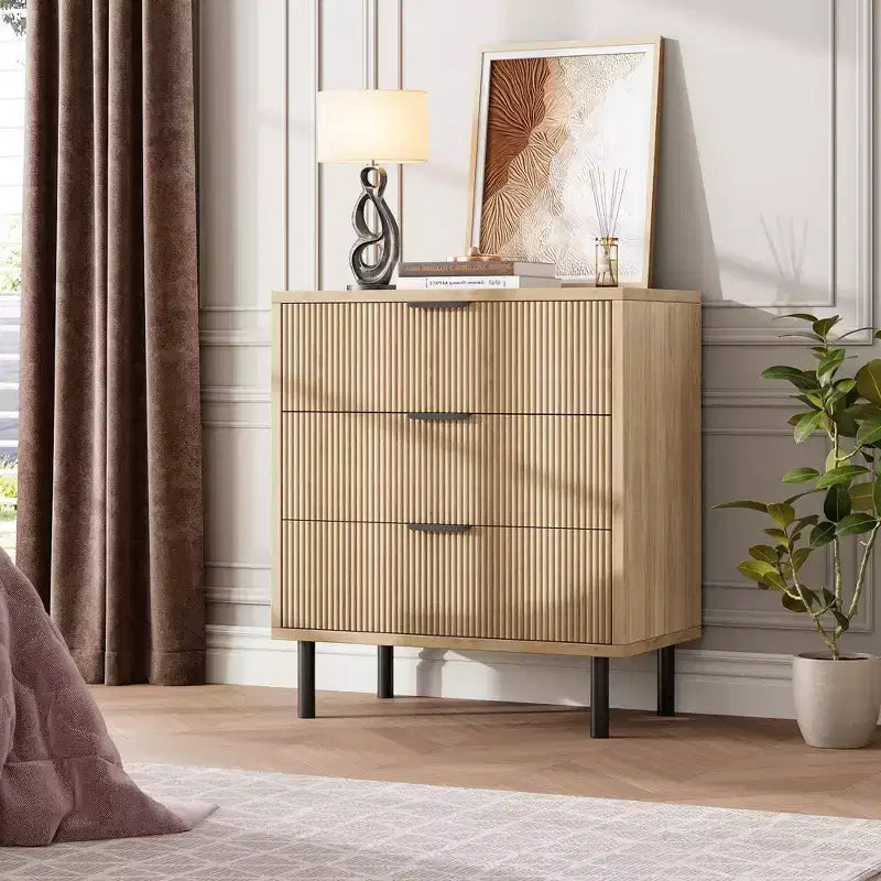 Dresser, Chest of Drawers - 29.9 Fluted Wood Grain 3-Drawer Organizer with Metal Legs & Anti-Tip Device