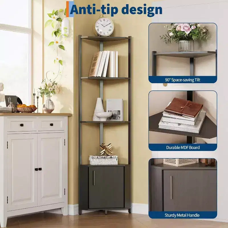 Corner Shelf, Adjustable Brightness, Modern Metal Frame & Wood Display Rack, Space-Saving Organizer for Living Room, Bedroom, Kitchen
