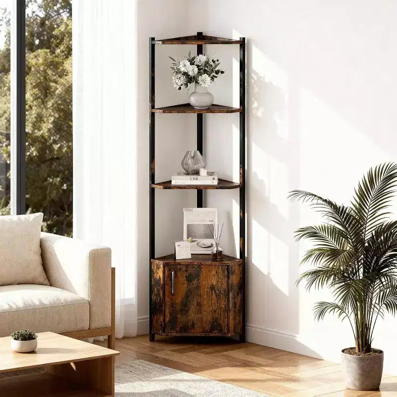 Corner Shelf, Adjustable Brightness, Modern Metal Frame & Wood Display Rack, Space-Saving Organizer for Living Room, Bedroom, Kitchen