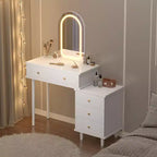 Makeup Vanity Desk with Mirror and Lights, Modern White Vanity Table with 2 Drawers & Adjustable 3-Drawer Cabinet, Wood Dressing Table