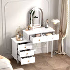 Makeup Vanity Desk with Mirror and Lights, Modern White Vanity Table with 2 Drawers & Adjustable 3-Drawer Cabinet, Wood Dressing Table