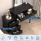 Makeup Vanity Desk with Mirror and Lights, Modern White Vanity Table with 2 Drawers & Adjustable 3-Drawer Cabinet, Wood Dressing Table