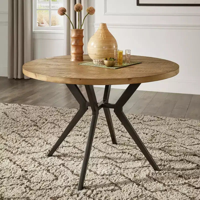 Hendrick Wood Finish and Iron Gray Metal Base 4-Person Round Dining Table - Light Pine/Grey