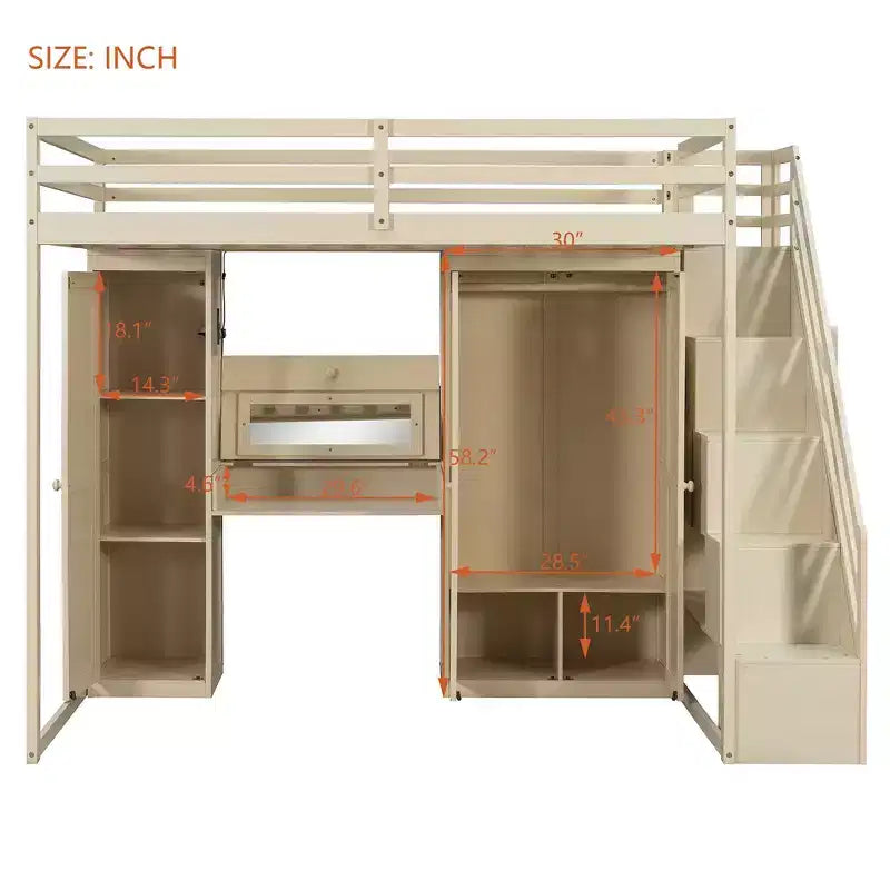 Full Loft Bed with Storage Staircase, Built-In Dressing Table with Mirror and Drawer, Wardrobe