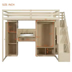 Full Loft Bed with Storage Staircase, Built-In Dressing Table with Mirror and Drawer, Wardrobe