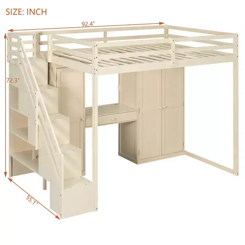 Full Loft Bed with Storage Staircase, Built-In Dressing Table with Mirror and Drawer, Wardrobe