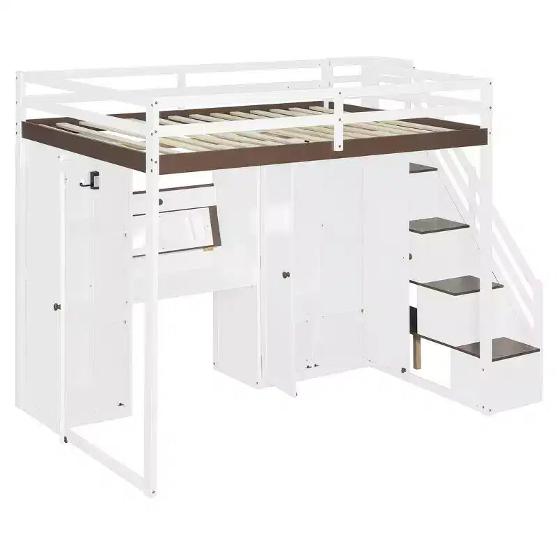 Full Loft Bed with Storage Staircase, Built-In Dressing Table with Mirror and Drawer, Wardrobe