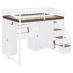 Full Loft Bed with Storage Staircase, Built-In Dressing Table with Mirror and Drawer, Wardrobe