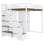 Full Loft Bed with Storage Staircase, Built-In Dressing Table with Mirror and Drawer, Wardrobe