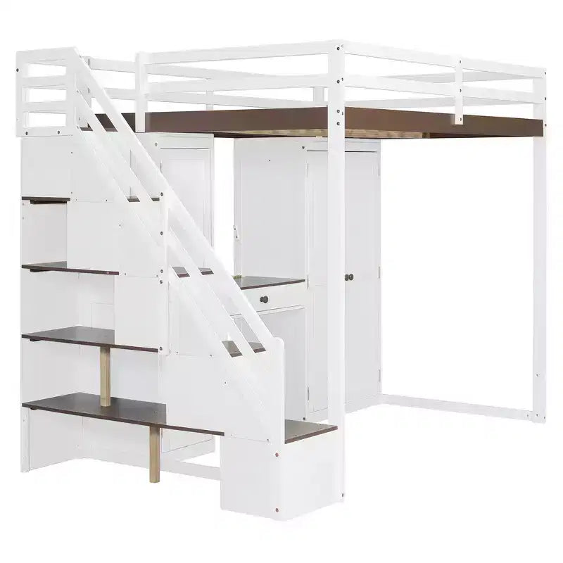 Full Loft Bed with Storage Staircase, Built-In Dressing Table with Mirror and Drawer, Wardrobe