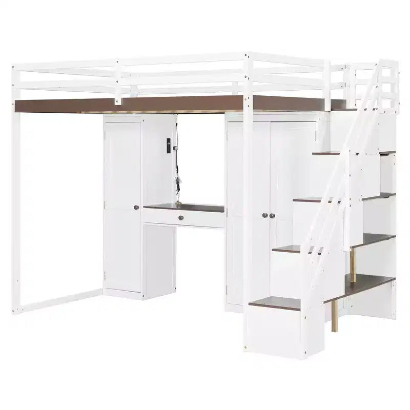 Full Loft Bed with Storage Staircase, Built-In Dressing Table with Mirror and Drawer, Wardrobe