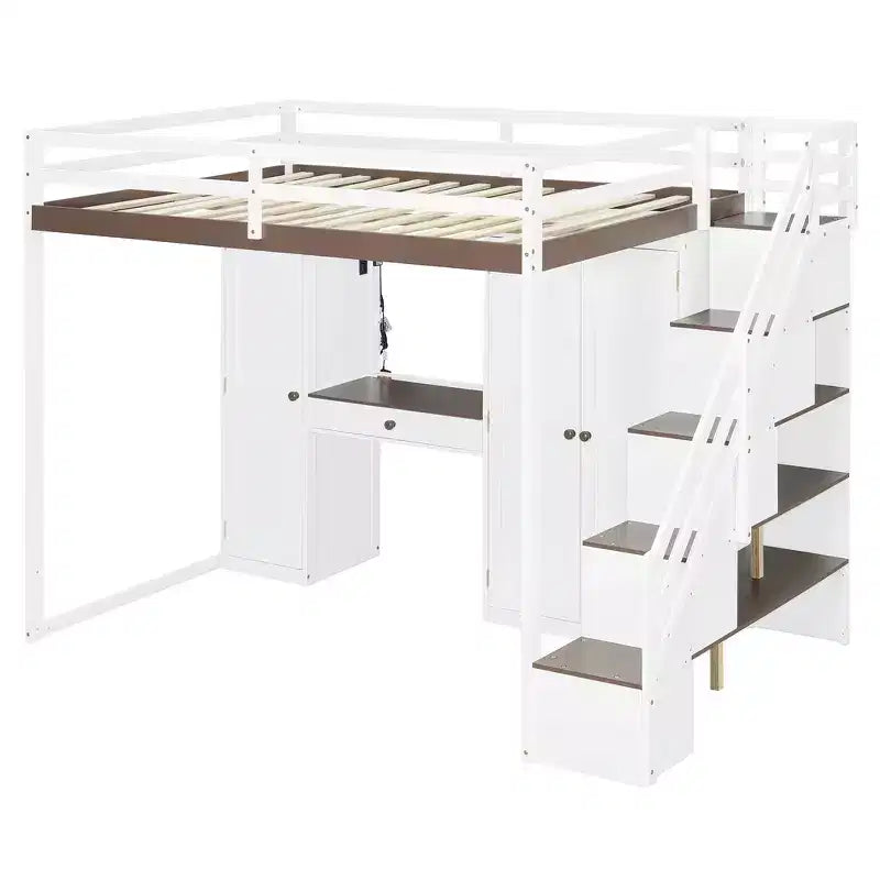 Full Loft Bed with Storage Staircase, Built-In Dressing Table with Mirror and Drawer, Wardrobe