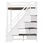 Full Loft Bed with Storage Staircase, Built-In Dressing Table with Mirror and Drawer, Wardrobe