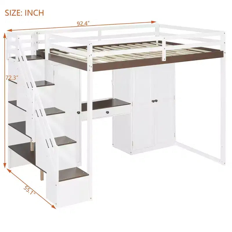 Full Loft Bed with Storage Staircase, Built-In Dressing Table with Mirror and Drawer, Wardrobe