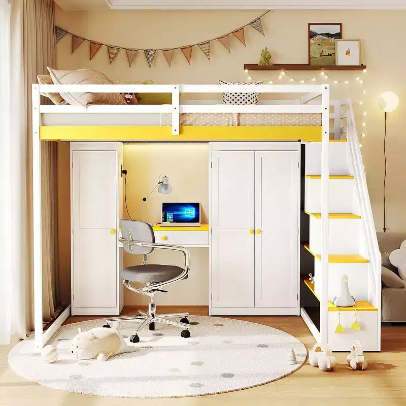 Full Loft Bed with Storage Staircase, Built-In Dressing Table with Mirror and Drawer, Wardrobe