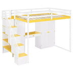 Full Loft Bed with Storage Staircase, Built-In Dressing Table with Mirror and Drawer, Wardrobe