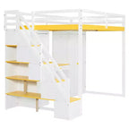 Full Loft Bed with Storage Staircase, Built-In Dressing Table with Mirror and Drawer, Wardrobe