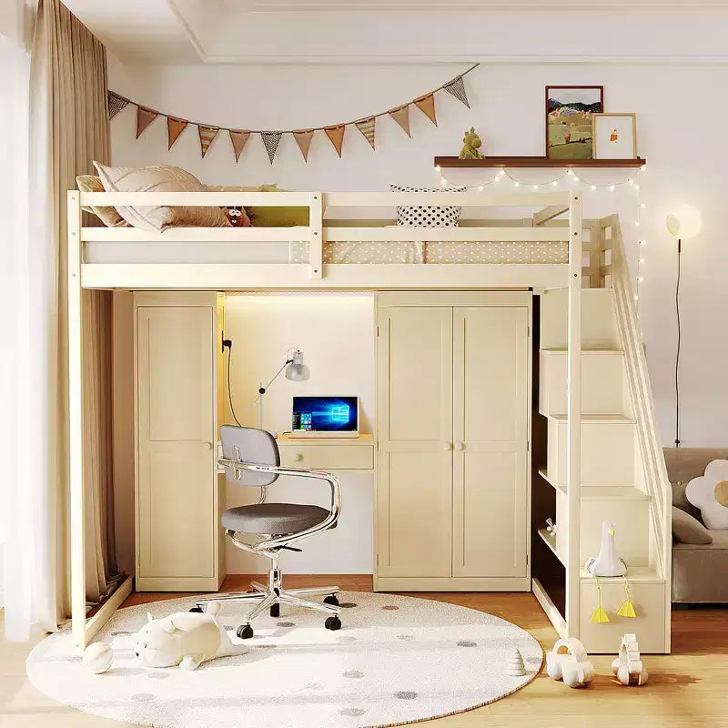 Full Loft Bed with Storage Staircase, Built-In Dressing Table with Mirror and Drawer, Wardrobe