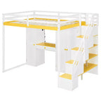 Full Loft Bed with Storage Staircase, Built-In Dressing Table with Mirror and Drawer, Wardrobe