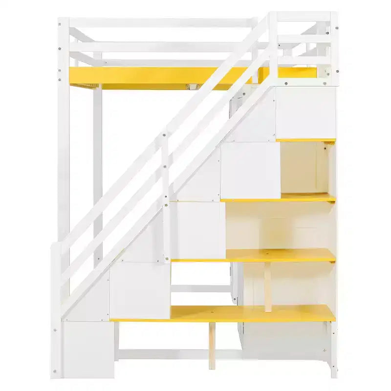 Full Loft Bed with Storage Staircase, Built-In Dressing Table with Mirror and Drawer, Wardrobe