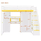 Full Loft Bed with Storage Staircase, Built-In Dressing Table with Mirror and Drawer, Wardrobe