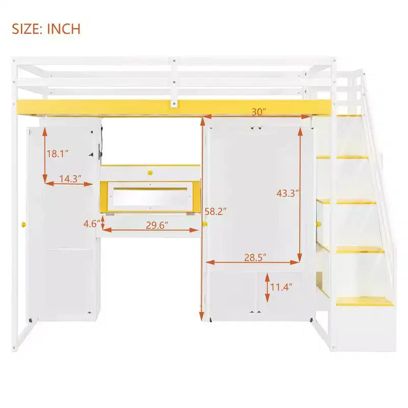 Full Loft Bed with Storage Staircase, Built-In Dressing Table with Mirror and Drawer, Wardrobe