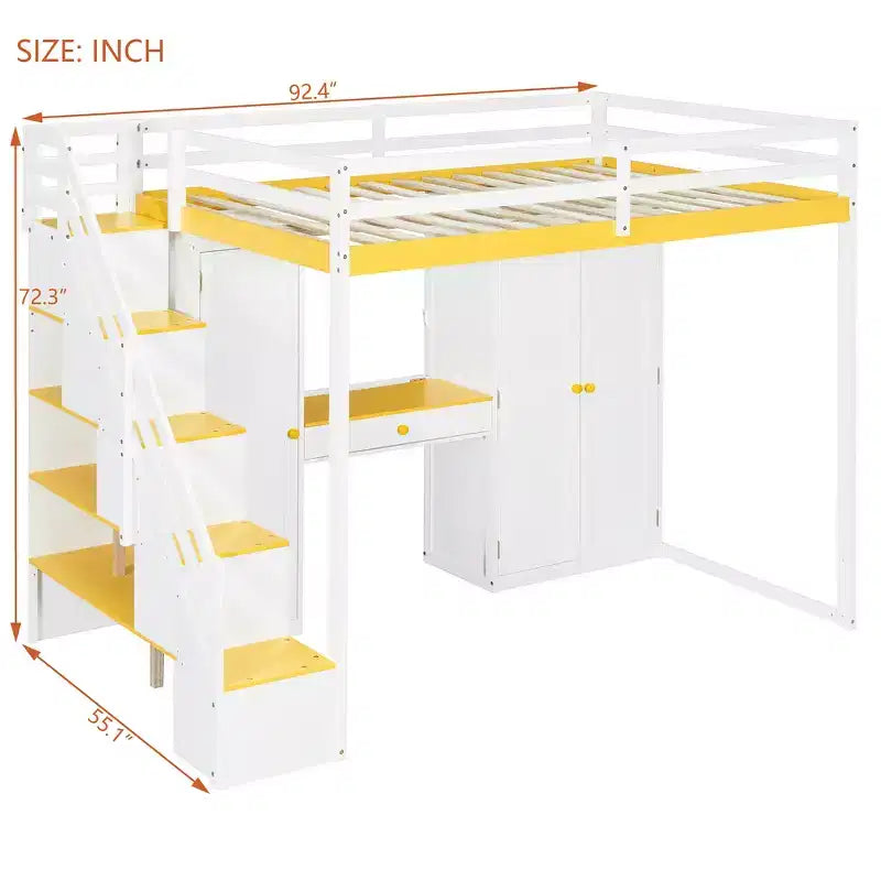 Full Loft Bed with Storage Staircase, Built-In Dressing Table with Mirror and Drawer, Wardrobe