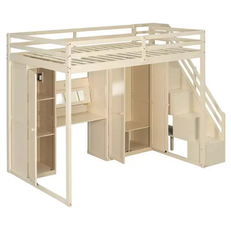 Full Loft Bed with Storage Staircase, Built-In Dressing Table with Mirror and Drawer, Wardrobe