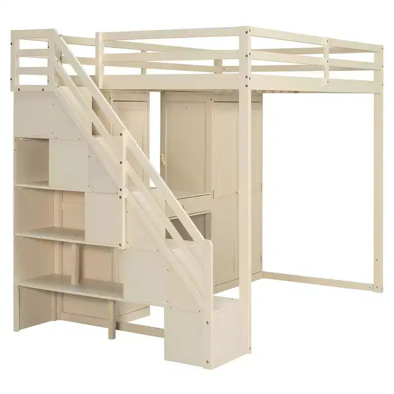Full Loft Bed with Storage Staircase, Built-In Dressing Table with Mirror and Drawer, Wardrobe