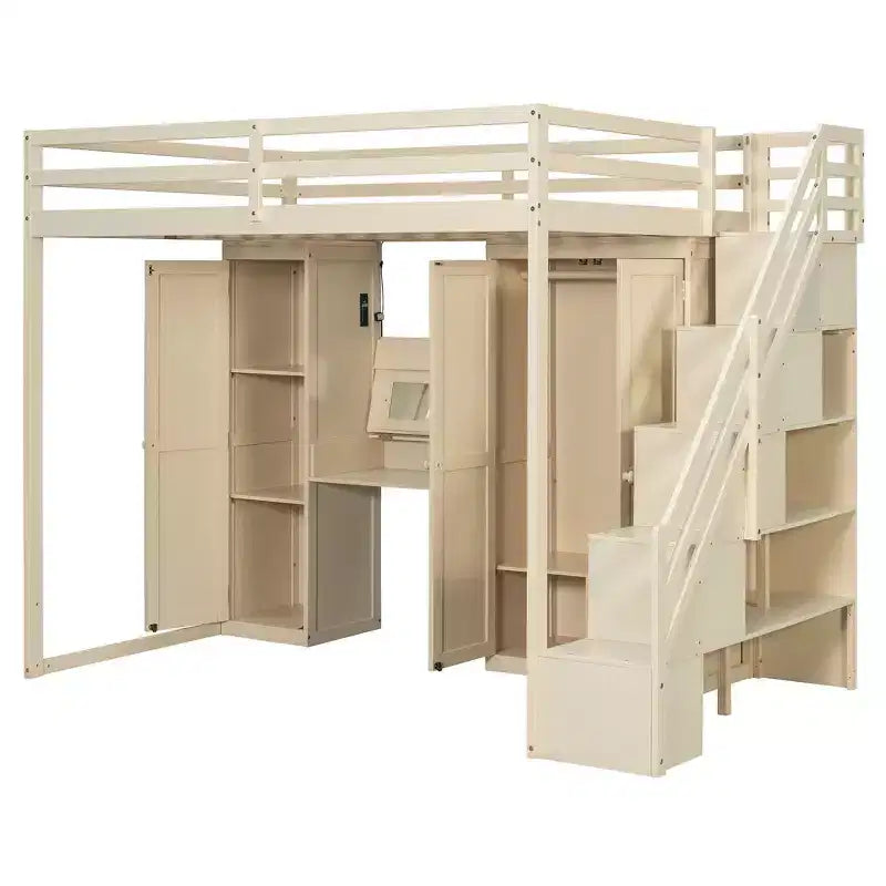 Full Loft Bed with Storage Staircase, Built-In Dressing Table with Mirror and Drawer, Wardrobe