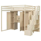 Full Loft Bed with Storage Staircase, Built-In Dressing Table with Mirror and Drawer, Wardrobe