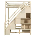 Full Loft Bed with Storage Staircase, Built-In Dressing Table with Mirror and Drawer, Wardrobe