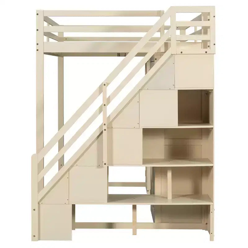 Full Loft Bed with Storage Staircase, Built-In Dressing Table with Mirror and Drawer, Wardrobe